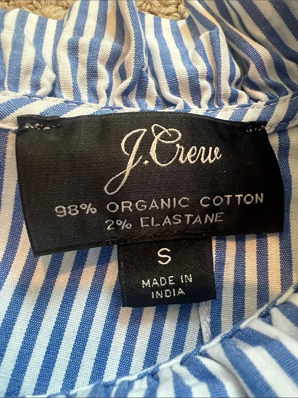 J Crew Cotton Striped Ruffle Neck Blouse in Blue and White Size S